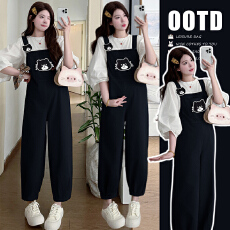 批发现现实拍2026春<b class='q'>秋</b>新款阔腿宽松孕妇休闲小猫背带裤+七分袖上衣