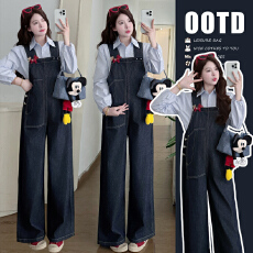 批发现现实拍2026春季新款阔腿宽松可爱孕妇牛背带裤+天蓝色衬衣