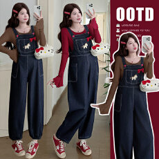 批发现现实拍2026春<b class='q'>秋</b>新款刺绣卡通孕妇可爱牛仔背带裤+喇叭纯棉上衣