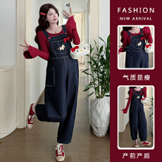 批发现现实拍2026春<b class='q'>秋</b>新款刺绣卡通孕妇可爱牛仔背带裤+喇叭纯棉上衣