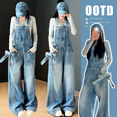 批发2026春夏新款港风复古烫钻蝴蝶结牛仔背带裤+纯棉打底