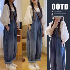 批发实拍2026春季新款孕妇牛仔背带裤+泡泡袖上衣