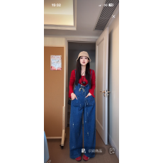 批发现现2026春夏新款孕妇阔腿前后流星烫钻两穿牛仔背带裤+纯棉上衣