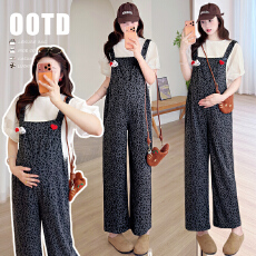 批发现现2026春<b class='q'>夏</b>新款孕妇阔腿纯棉豹纹松舒适牛仔背带裤+泡泡袖上衣