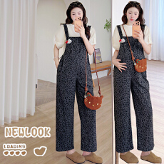 批发现现2026春<b class='q'>夏</b>新款孕妇阔腿纯棉豹纹松舒适牛仔背带裤+泡泡袖上衣