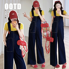 批发实拍现现2026春<b class='q'>夏</b>新款藏蓝孕妇阔腿宽松牛仔背带裤+纯棉短袖