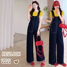 批发实拍现现2026春<b class='q'>夏</b>新款藏蓝孕妇阔腿宽松牛仔背带裤+纯棉短袖