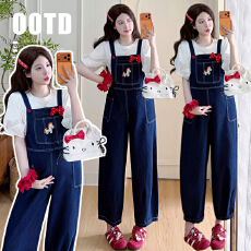 批发实拍现现026春<b class='q'>夏</b>新薄款孕妇牛仔宽松阔腿休闲背带裤+纯棉泡泡袖