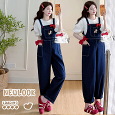 批发实拍现现026春<b class='q'>夏</b>新薄款孕妇牛仔宽松阔腿休闲背带裤+纯棉泡泡袖