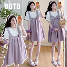 批发实拍现现026春<b class='q'>夏</b>新款紫色水洗棉前后两穿蝴蝶结背带裙+纯棉泡泡袖