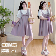 批发实拍现现026春<b class='q'>夏</b>新款紫色水洗棉前后两穿蝴蝶结背带裙+纯棉泡泡袖