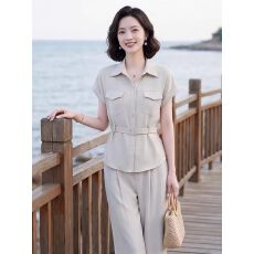 批发亚麻时尚套装女2026<b class='q'>夏</b>季新款收腰短袖阔腿裤气质一整套职业装显瘦