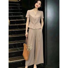 批发亚麻时尚套装女2026夏季新款收腰短袖阔腿裤气质一整套职业装显瘦