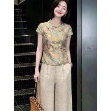 批发新中式国风套装女2026<b class='q'>夏</b>季新款洋气立领盘扣印花衬衫阔腿裤两件套
