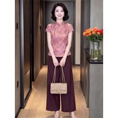 批发巨好看新中式上衣国风套装女<b class='q'>夏</b>新款高级印花短袖衬衫阔腿裤两件套