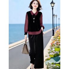 批发素订原创品牌<b class='q'>女</b>装<b class='q'>金丝</b>绒拼接雪纺假两件上衣+松紧腰直筒裤两件套