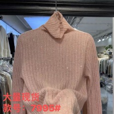 批发<b class='q'>品牌</b><b class='q'>折扣</b>商场专柜外贸女装清仓百搭高领羊绒衫烫钻坑条针织毛衣女