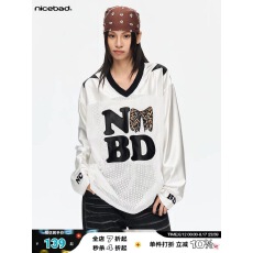 批发NICEBAD(原WORKSOUT)V领蝴蝶结撞色网眼拼接缎面长袖罩衫复古T恤