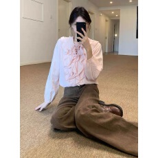 批发韩系<b class='q'>甜美</b>减龄荷叶边系带长袖衬衫女超火的新款高级感气质百搭上衣