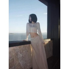 批发长袖开衫短上衣性感包臀纱裙<b class='q'>长裙</b>两件套