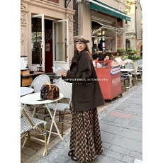 批发桃喜儿/棕色复古格子半身裙女秋冬宽松显瘦<b class='q'>长裙</b>设计感小众裙子