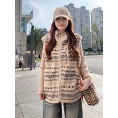 批发美式复古马甲<b class='q'>背心</b>女秋冬费尔岛花纹绒开衫外套慵懒风休闲叠穿上衣
