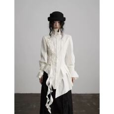 批发清冷光辉·荷叶边设计感不对称收腰<b class='q'>长袖</b>白色衬衫女秋