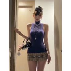 批发微胖辣妹风高领无袖内搭上衣女<b class='q'>冬</b>季菱形格低腰超短A字半身裙套装