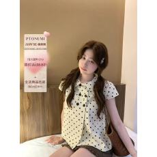 批发曲奇碎卷 波点娃娃领短袖<b class='q'>衬衫</b>女夏双排扣甜美百搭上衣服