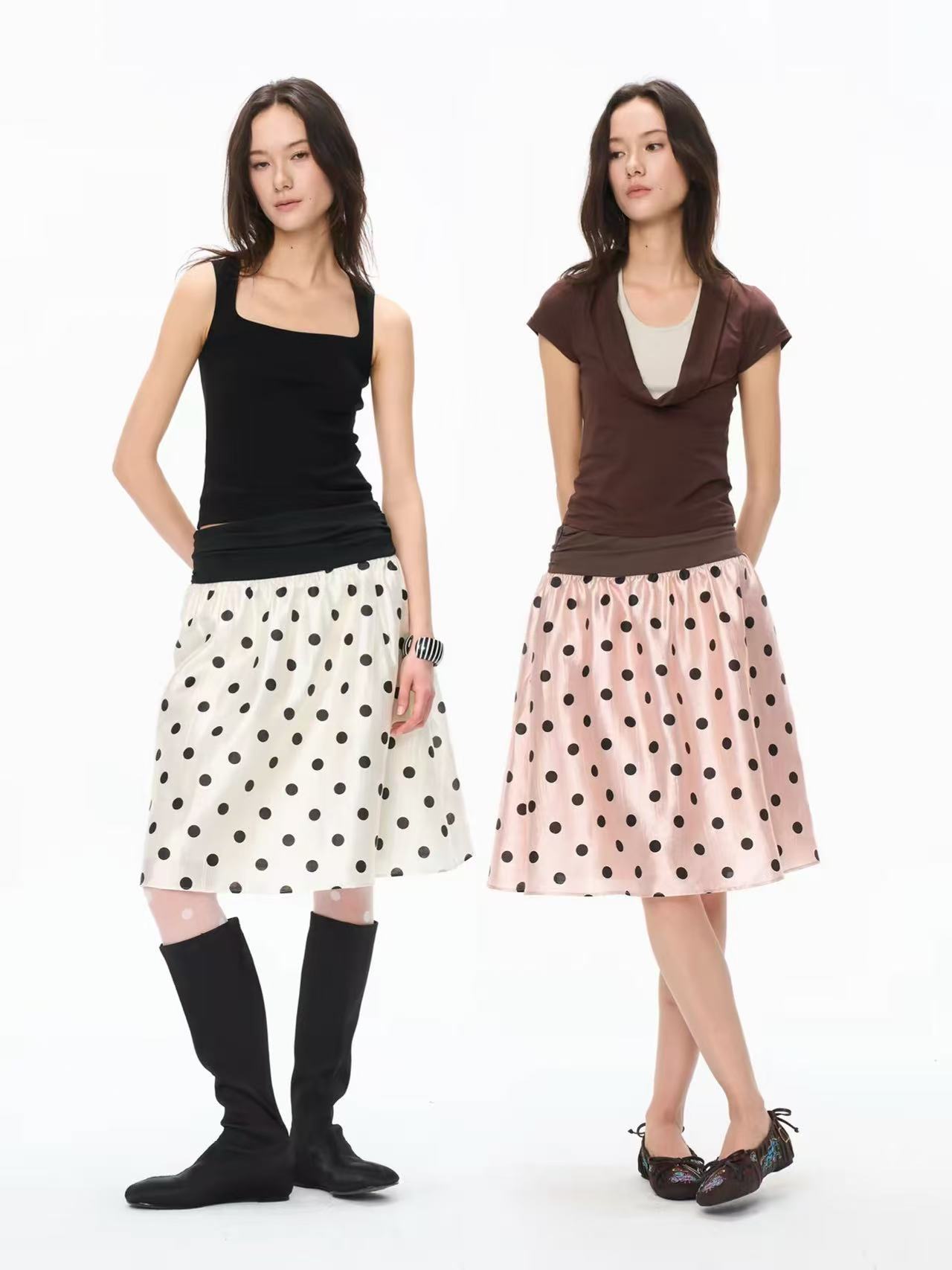 조심하십시오. 패치워크 허리 머리 새틴 라이 경기 서울 도트 무늬 신축성 허리 머리 퍼프 반신 스커트