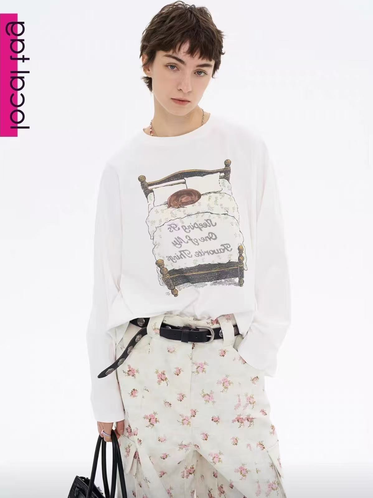 잠자는 중 ~ 중 강아지 프린트 자수 긴 소매 티셔츠 면 얇고 가벼운 라운드 넥 삽입 어깨 소매 맨위