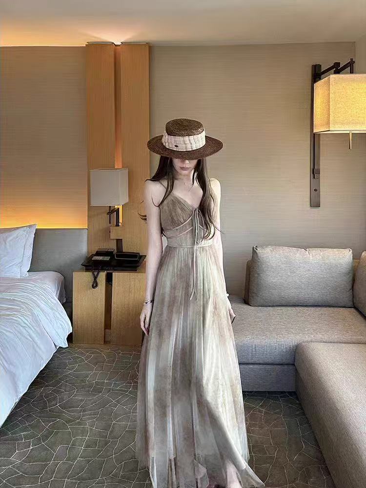 이중층 수묵화 헤일로 염색 망사 V넥 좋은 슬립 드레스 하이웨이스트 몸매 가꾸기 롱 스커트