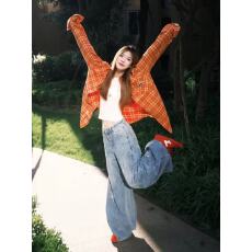 批发原创 橙色宽松刺绣格子衬衫开衫上衣女复古休闲衬衣<b class='q'>外套</b>春