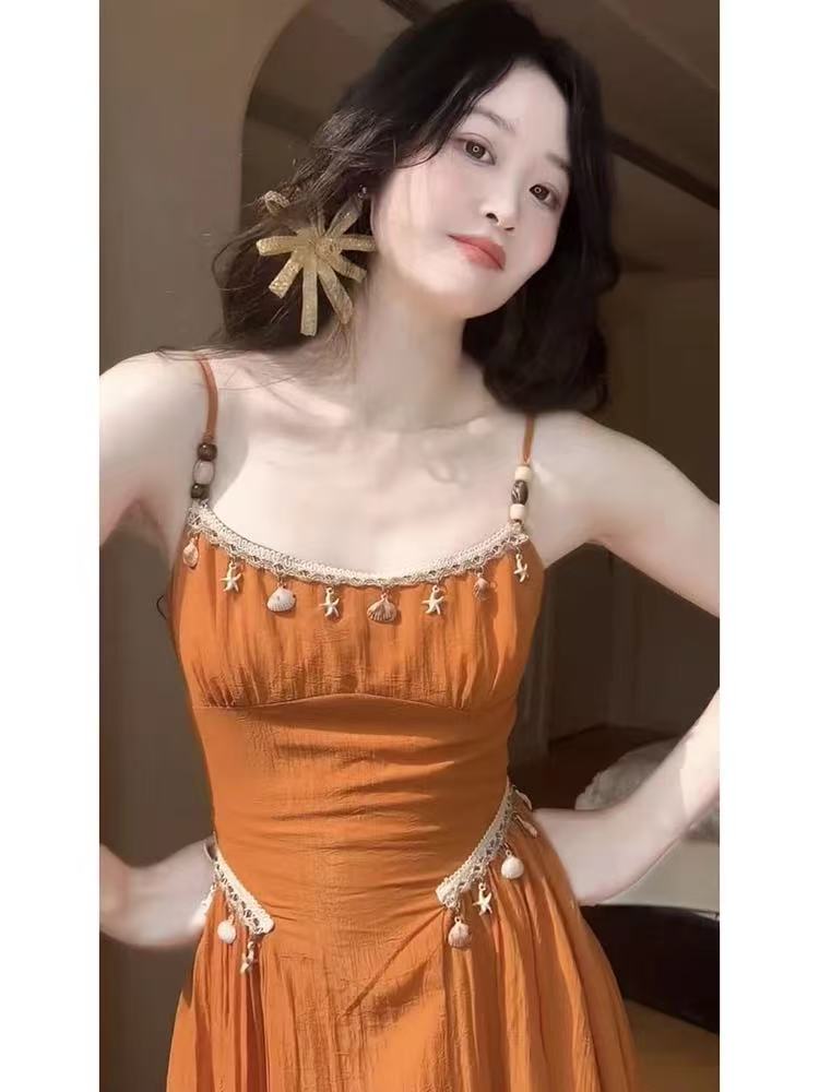 주황색 소다 민족 스타일 주황색 슬립 드레스 허리 수축 슬림해 보이는 큰 진자 품격 달리 휴가 바람 롱 스커트