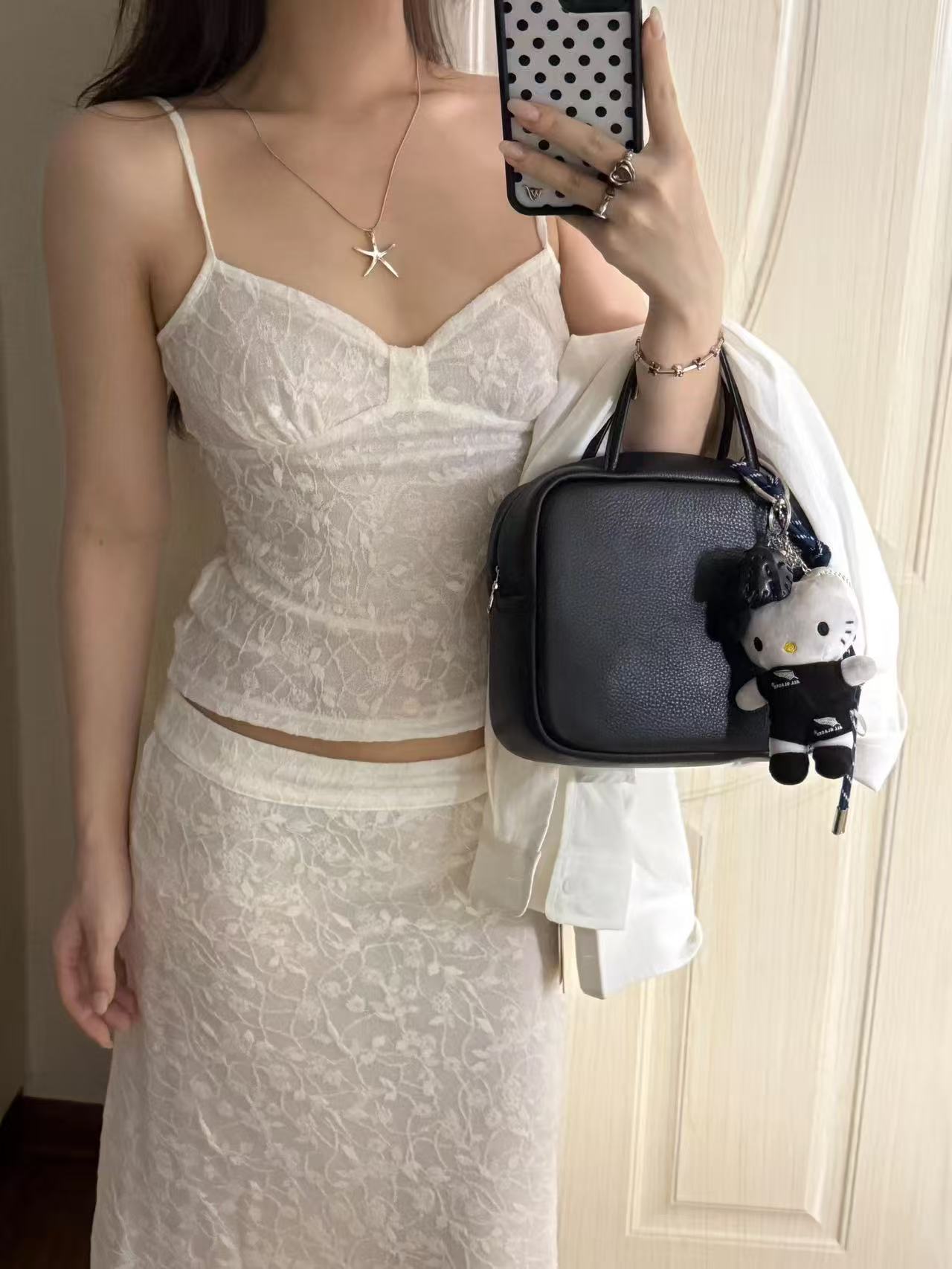 한국 작은 대중 레이스 세트 캐미솔 민소매 맨위 한 마디 반신 스커트 투피스 세트