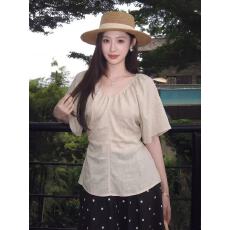 批发韩系高级V领短袖<b class='q'>T</b><b class='q'>恤</b>女夏季空气感露背设计感<b class='q'>衬衣</b>显瘦绑带气质上
