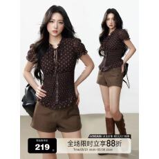 批发法式复古波点雪纺<b class='q'>衬衫</b>女短袖夏季新款收腰显瘦洋气<b class='q'>上衣</b>