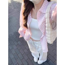 批发原版质量  粉色格子衬衫女新款薄款宽松百搭休闲上衣