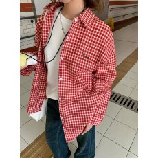 批发含棉原版格    小狗刺绣红白格纹<b class='q'>衬衫</b>