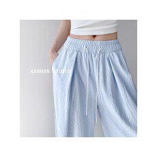 批发原版质量立体腰 宽松蓝色薄款阔腿裤凉感透气<b class='q'>夏</b>垂感拖地长裤