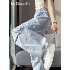 批发原版加工包边 蓝色冰丝工装裤女<b class='q'>夏</b>季薄款新款速干伞兵运动裤