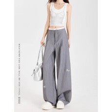 批发蝴蝶结刺绣条纹西装休闲裤女慵懒松弛感灰色高腰垂感阔腿裤