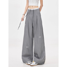 批发原版内包边 美式灰色条纹蝴蝶结西装裤高腰宽松阔腿休闲裤