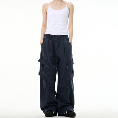 批发水洗全棉 包边 美式复古高街侧边大口袋宽松阔腿工装裤子