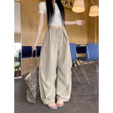 批发原版包边  高街宽松工装休闲裤女卡其色高腰阔腿速干伞兵裤子