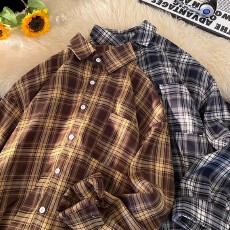 批发原版梭织格格子长袖衬衫女春秋新款复古港风休闲衬衣上衣