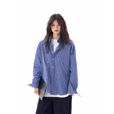 批发原版梭织格   复古蓝色格子<b class='q'>衬衫</b><b class='q'>长袖</b>休闲宽松情侣<b class='q'>衬衣</b>外套