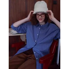 批发原版梭织格  蓝色格子衬衫女秋高级感学院风格子衬衣长袖上衣