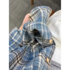 批发原版后腰拼接  2色  复古蓝色格子<b class='q'>衬衫</b><b class='q'>长袖</b><b class='q'>衬衣</b>宽松外套