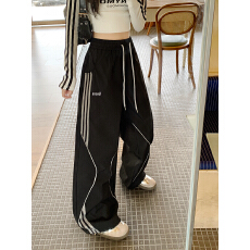 批发实拍原版立体大码美式条纹<b class='q'>休闲裤</b>新款宽松直筒阔腿高街运动长裤子